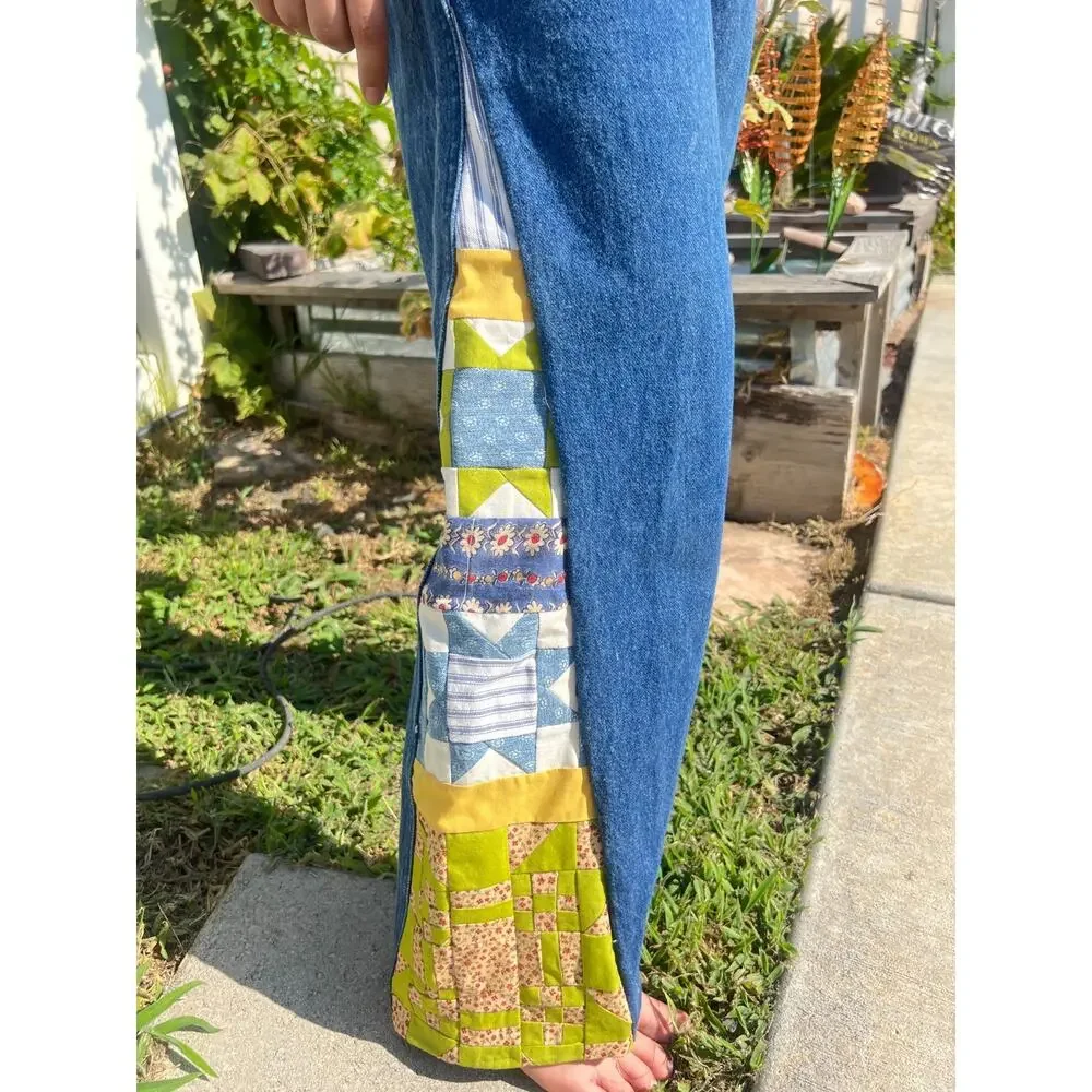 Vintage Womens Handmade Patchwork Quilted Jeans Sz 5 High Waist 24 Cowgirl Boho - Picture 3 of 11